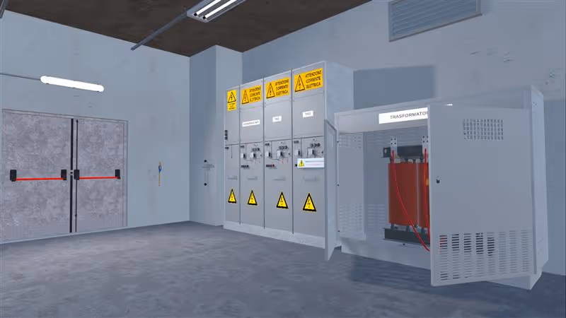 Digital 3D model of a Industrial room with electrical control panels and an open transformer cabinet, warning signs on panels.
